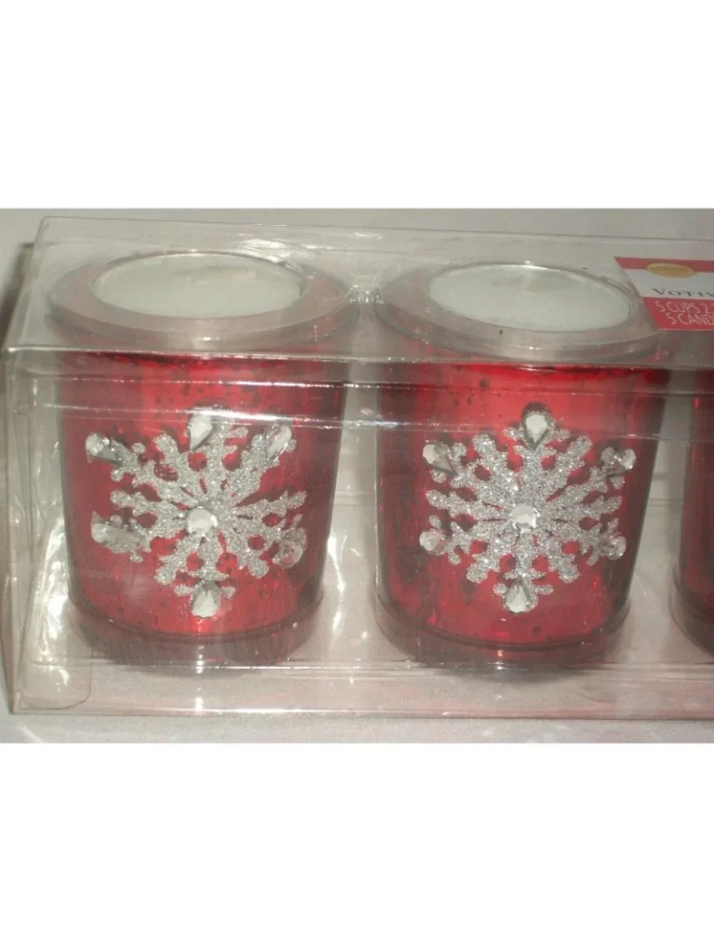 Red Christmas Holiday 5 Piece Votive Candle Glitter Snowflake Gift Set Table